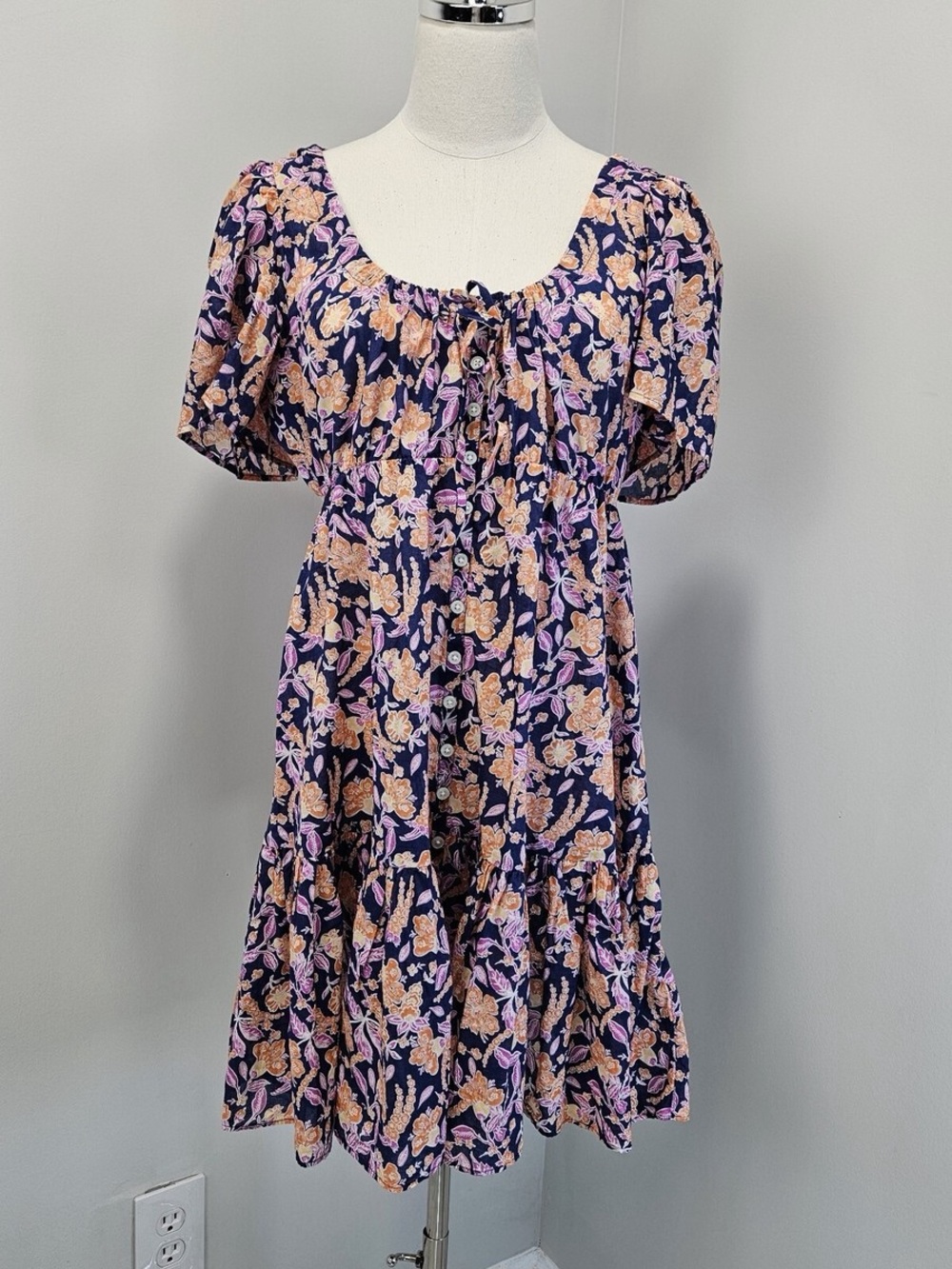 J Crew Organic Cotton Navy Floral Puff-Sleeve Dress
